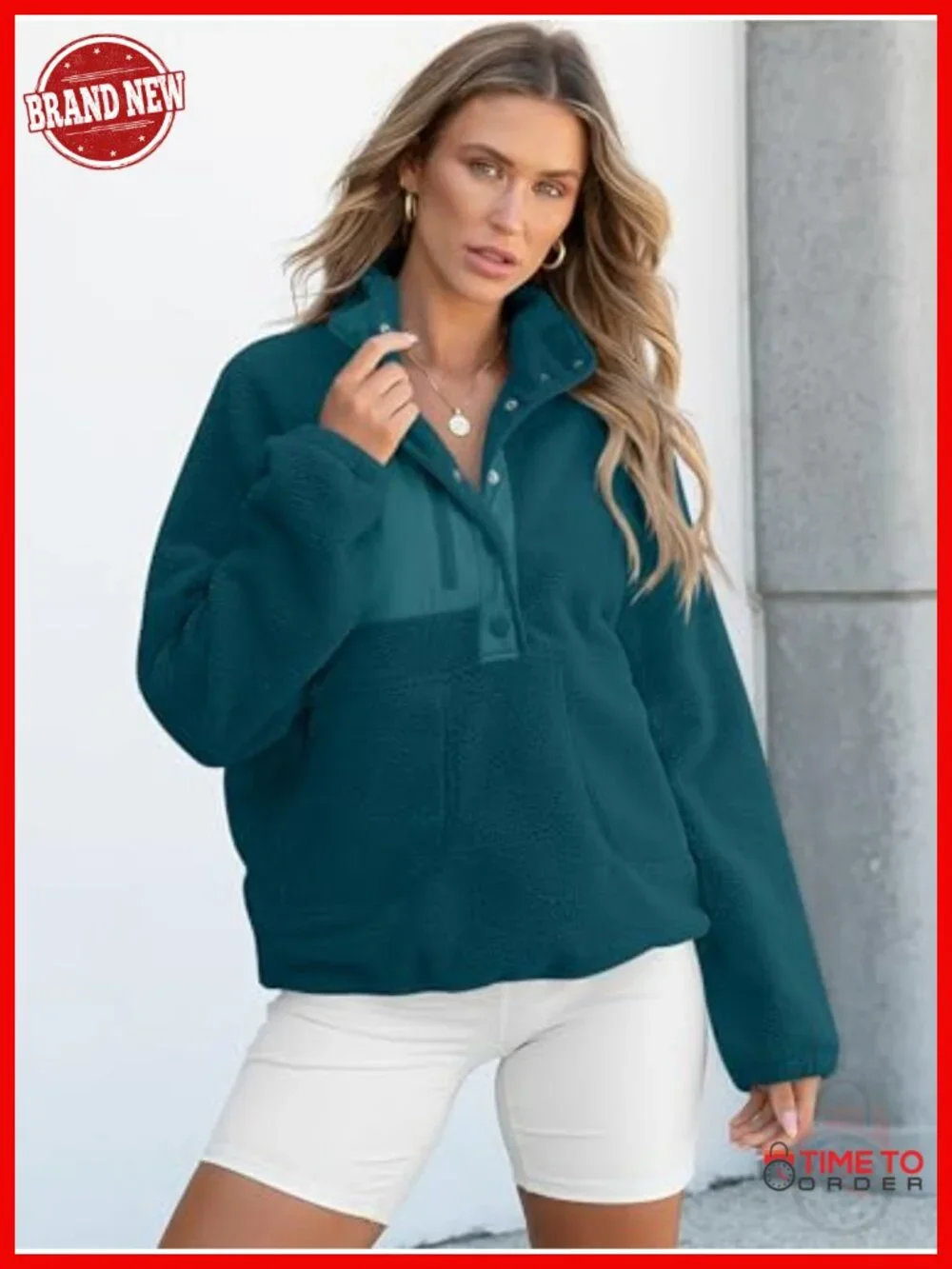 Fuzzy Fleece Pullover Sherpa Jacket - Color Block, Button Down, Long Sleeve,